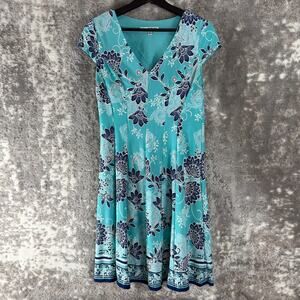 Studio One Petites Size PM Floral Print Stretch Fit Flared Dress Blue Cap Sleeve